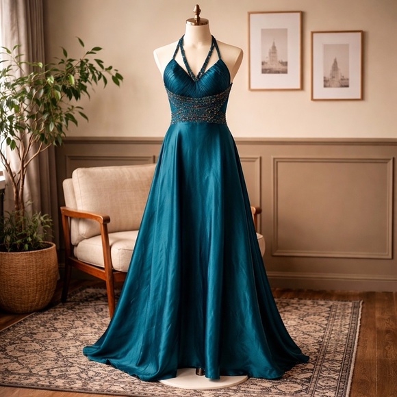 Betsy & Adam Teal Halter Sz. 4 Formal Dress - Picture 2 of 8